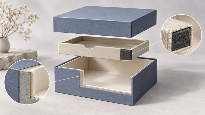 Cutaway rigid box revealing greyboard, wrapping paper and lining, with a fabric-covered foam insert lifted above the base.