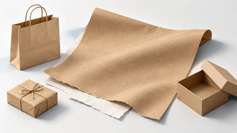 Editorial collage of brown and white kraft sheets beside a paper shopping bag, wrapped parcel and open rigid gift box.