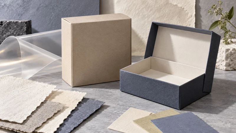 Editorial collage of a retail carton, an open rigid gift box, paper samples and a translucent film plane.