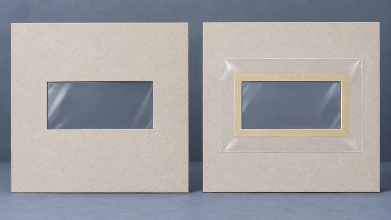 Outside and inside views of a carton wall showing a film patch larger than the visible opening.