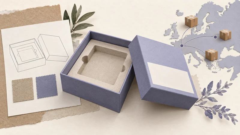 A rigid gift box connects visually to material samples, a construction drawing and parcels destined for Europe.