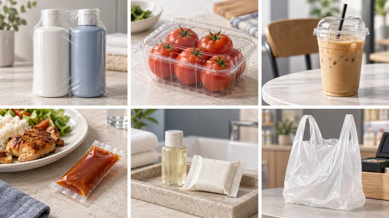 Collage showing a wrapped retail pair, tomato punnet, cafe cup, sauce sachet, hotel toiletries and thin plastic carrier bag.