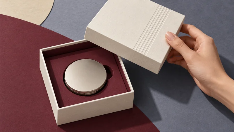 A hand lifts an ivory gift-box lid to reveal a burgundy paper interior and a compact in fitted support.