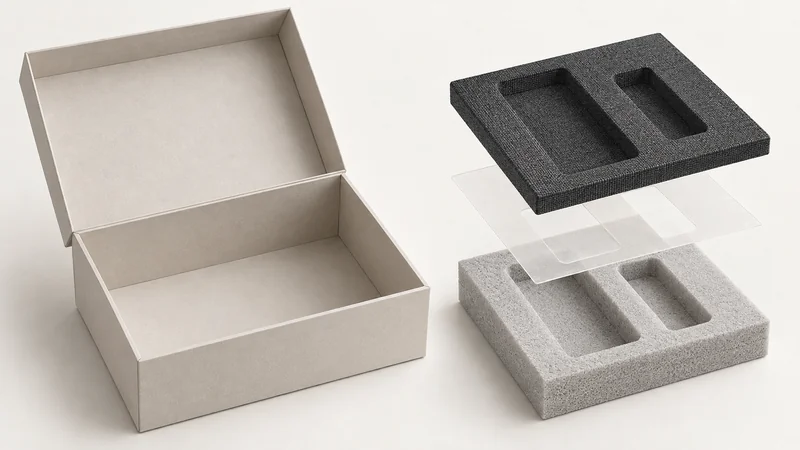 An empty rigid box beside an exploded insert showing fabric, a thin adhesive layer and a foam body.