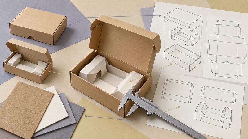 Editorial collage of folding-carton samples, a paper insert, a caliper and matching structural drawings.