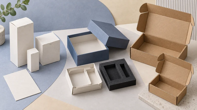 Folding cartons, a rigid box with alternative inserts, and corrugated mailers grouped by packaging construction.