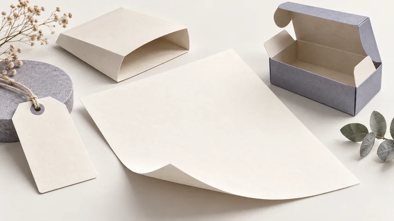 Editorial illustration of a cardstock sheet beside a blank tag, folded sleeve and small folding carton.