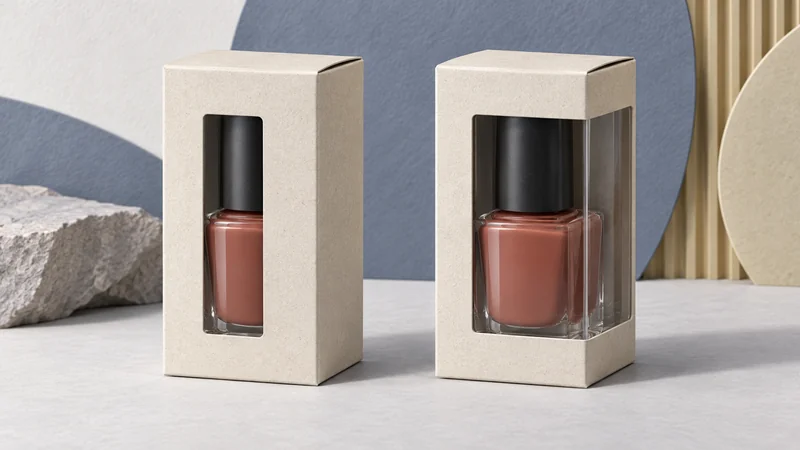 Matching nail-polish cartons with a narrow front window and a larger window extending around a corner.