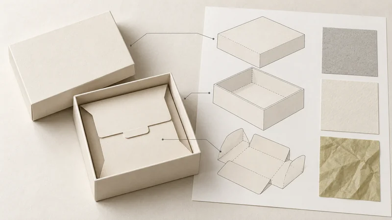 Open rigid paper box beside matching component drawings and greyboard and wrapping-paper swatches.