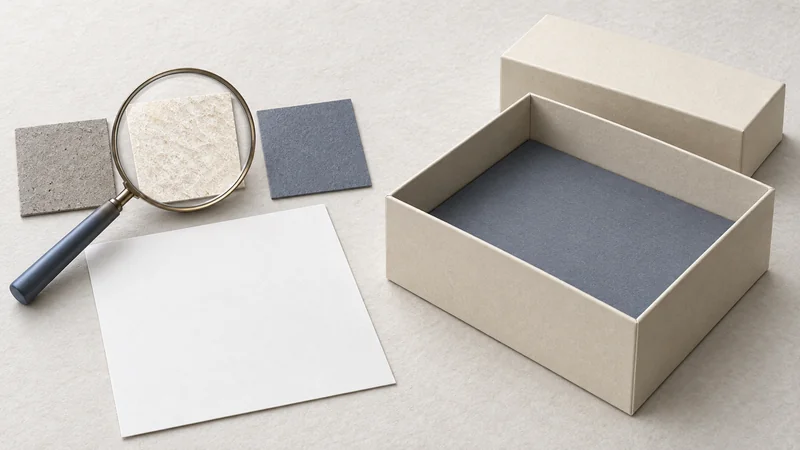 A magnifier isolates a paper specimen beside matching material samples and an open rigid gift box.