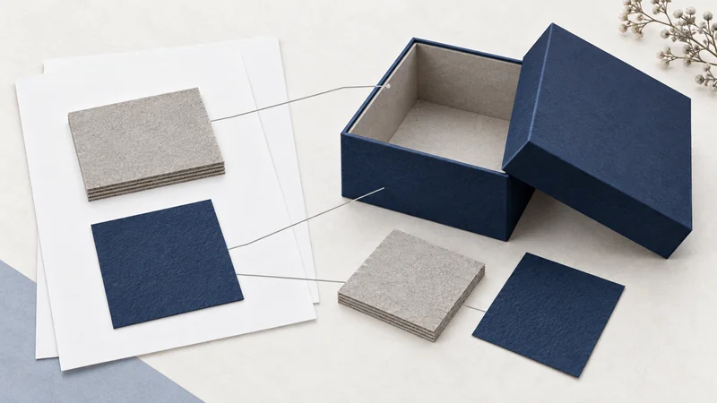 Editorial collage linking paperboard and wrapping-paper samples, illustrated report pages and an open rigid box.