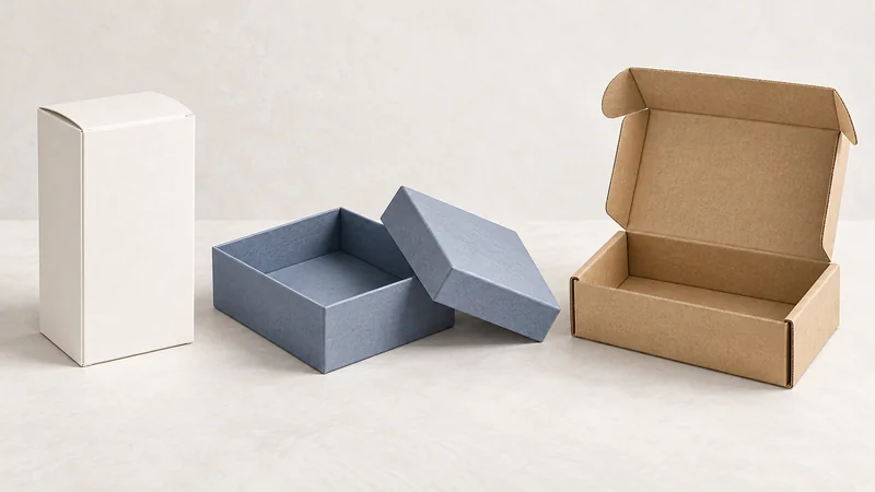 A folding carton, an open rigid gift box and a kraft corrugated mailer arranged together.