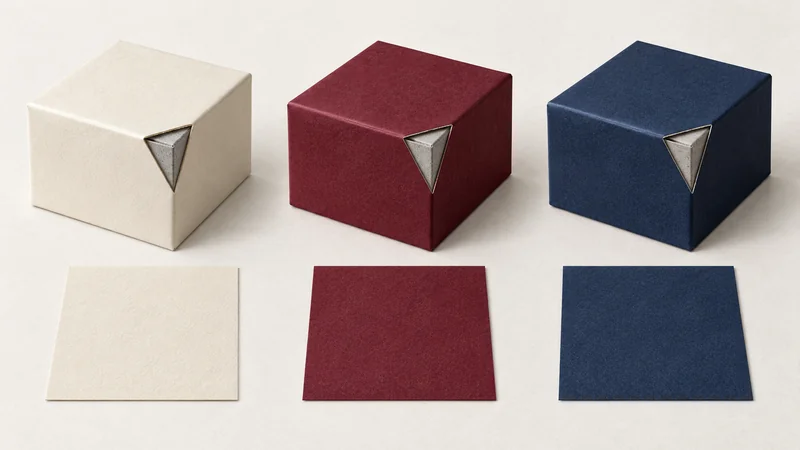 Cream, burgundy and navy rigid boxes with cutaway corners revealing matching greyboard cores and adhesive layers.
