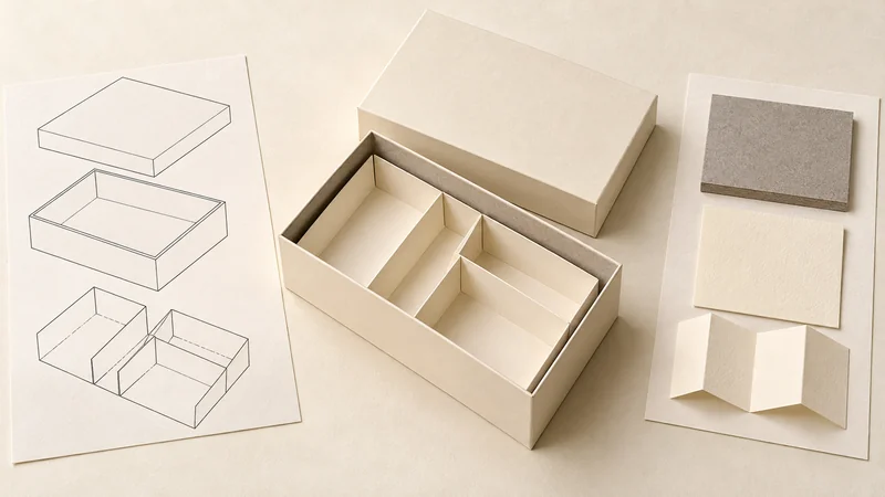 Illustration of a rigid paper box beside a matching construction drawing and corresponding material swatches.