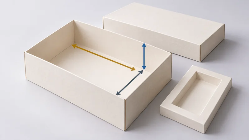 Open paperboard box with arrows showing three internal dimensions, beside its separate lid and removable insert.