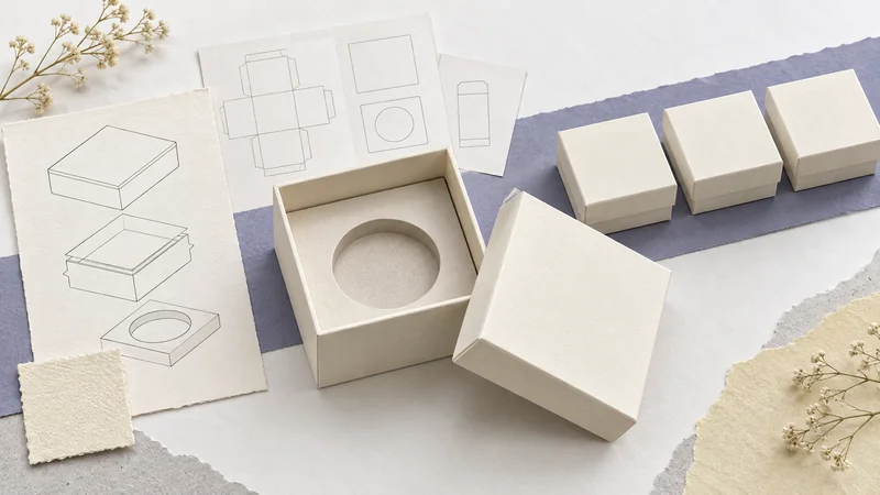 Editorial collage connecting a cream rigid-box sample with material swatches, matching drawings, supporting records and finished boxes.