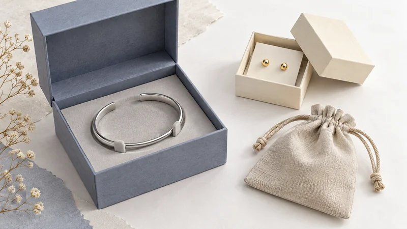 Illustrated jewelry packaging set with a fitted cuff box, an earring card and carton, and a coordinated fabric pouch.