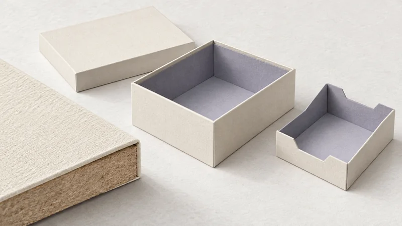 Paper-wrapped gift box with its lid, folded paperboard cradle and a swatch showing the wrap over thicker board.