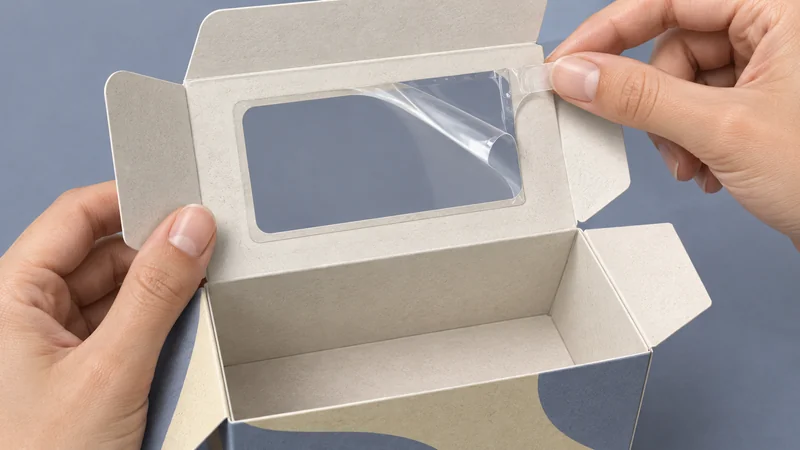 Hands using an accessible tab to begin peeling a window film from the inside of an opened carton.