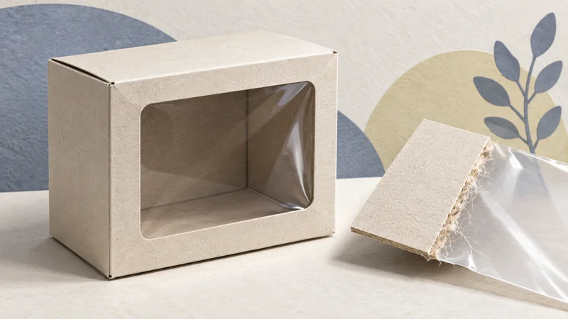 Paperboard carton with a clear window beside a sample showing film bonded to paper fibres.