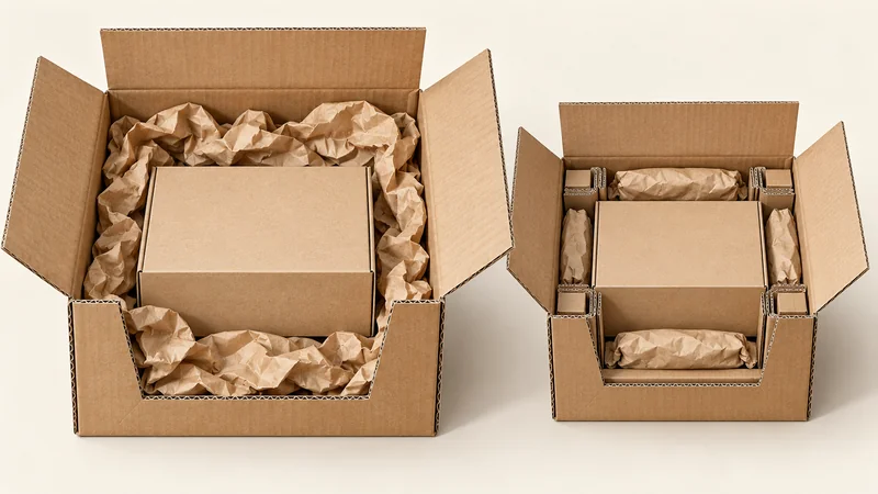 Two open shipping boxes hold identical retail cartons, using loose paper cushioning in the larger box and fitted supports in the smaller.