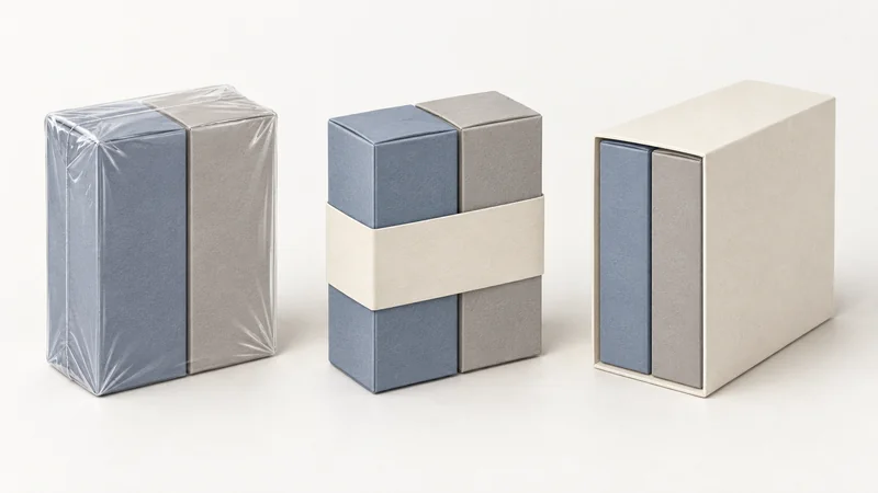 Three paired-carton multipacks grouped with transparent shrink film, a narrow paperboard band and a wider open-ended sleeve.