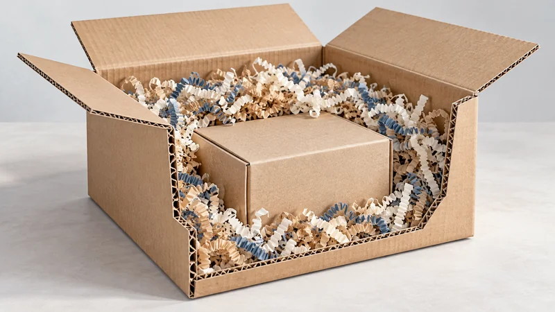 Cutaway delivery mailer containing a smaller closed gift box surrounded by loose shredded paper.