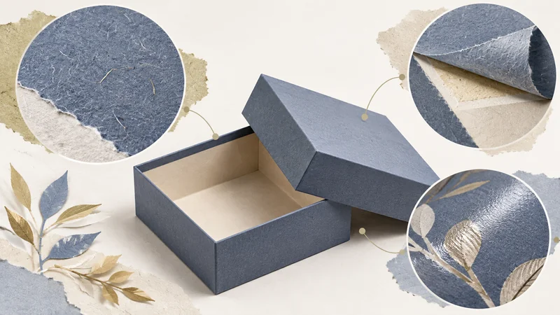 Paper box surrounded by enlarged views of printed paper, a glued wrap corner and a varnished surface.
