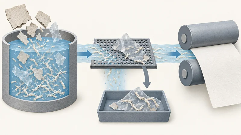 Paper-recycling diagram showing pulping, screening out film with attached fibres, and forming paper from recovered fibres.